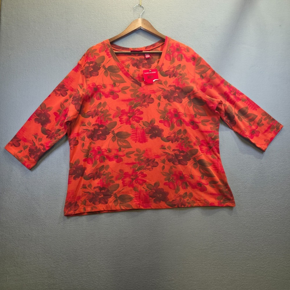 Gloria Vanderbilt Women's Orange Floral V Neck 3/4 Sleeve Top Size 2X NWT